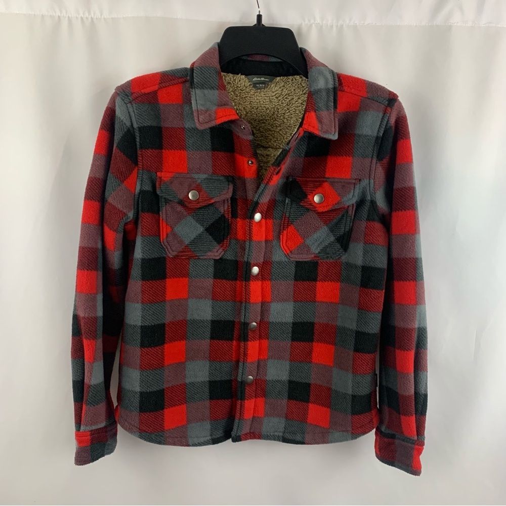 Eddie Bauer Boys Faux Fur Color Block Plaid Warm Jacket Snap Up Coat Size 10/12
